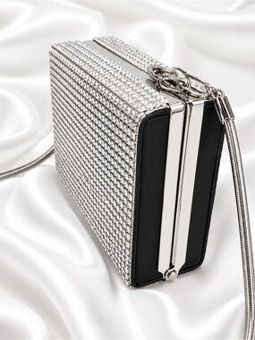 La Chateau Silver Rhinestone Evening Bag with Sculptural Chain Strap